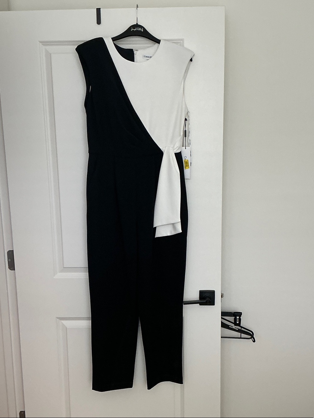Calvin Klein Black and White Sleeveless Colorblock Tie-Waist Jumpsuit